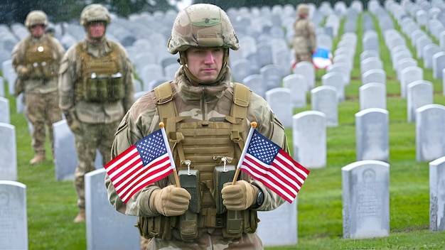 In the image there is a soldier holding two American flags in front of a cemetery Other soldiers are visible in the background The scene is set on a rainy day