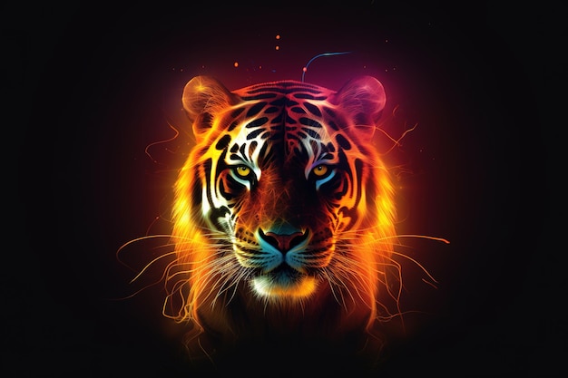 Image of a a tiger head with beautiful bright colors on a dark background Wildlife Animals Illustration generative AI