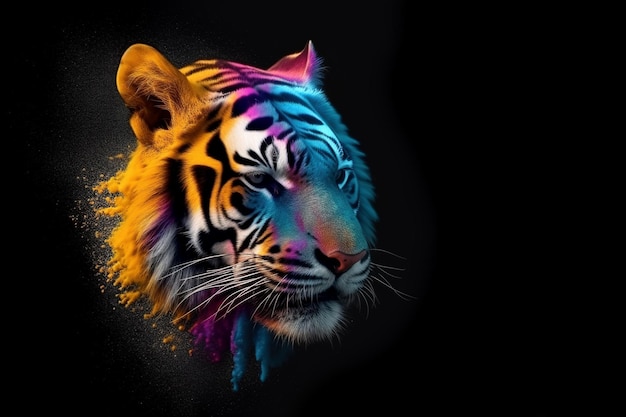 Image of a a tiger head with beautiful bright colors on a dark background Wildlife Animals Illustration generative AI