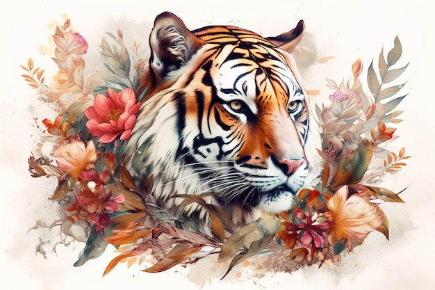 Image of tiger head with colorful tropical flowers wildlife Animal illustration Generative AI