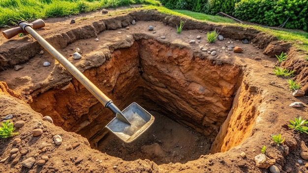 Photo an image of a tilted angle view of an earthen pit with a metal shovel resting at the edge of the pit gardening metal shovel backyard project digging soil soil gardening digging pit