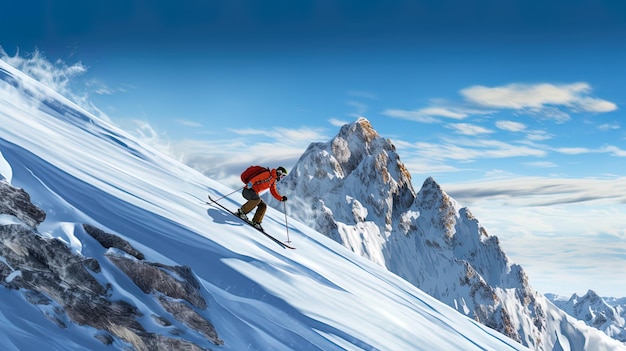 Image of tourists making a fast and thrilling downhill ski descent from a mountain peak with space for text ultra detailed ultra high resolution ar 169 v 52 Job ID f0c7557597f14700ba3f2276e320db52