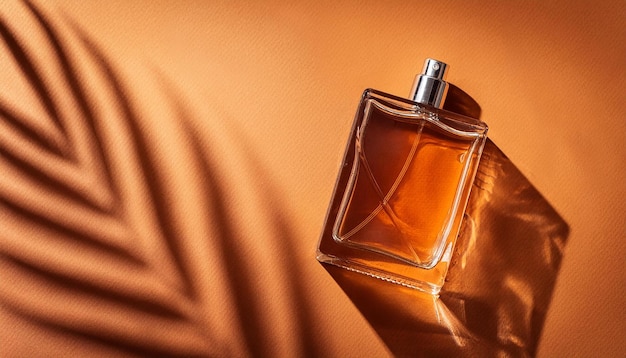 Image of Transparent Perfume Bottle with Label on orange Background