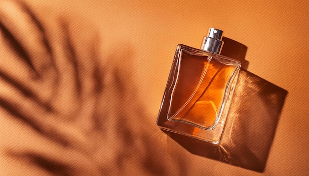 Image of Transparent Perfume Bottle with Label on orange Background