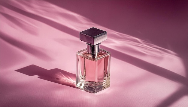 Image of Transparent Perfume Bottle with Label on pink Background