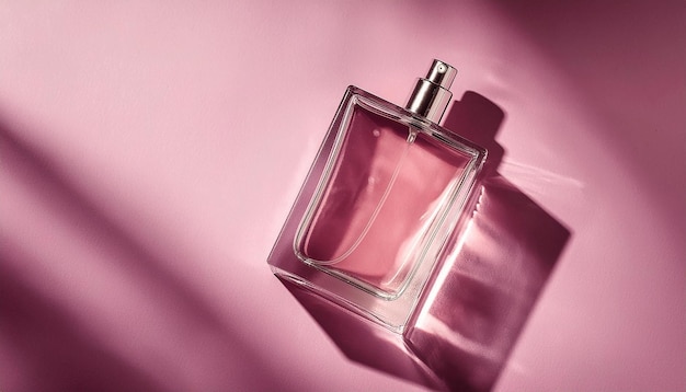 Image of Transparent Perfume Bottle with Label on pink Background