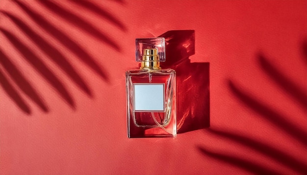 Image of Transparent Perfume Bottle with Label on Red Background