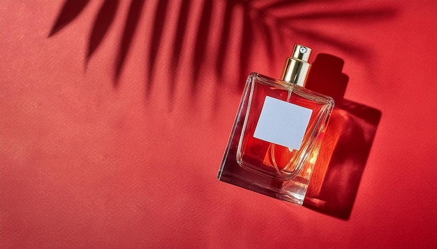 Image of Transparent Perfume Bottle with Label on Red Background