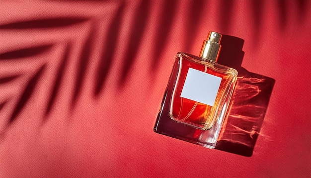 Image of Transparent Perfume Bottle with Label on Red Background