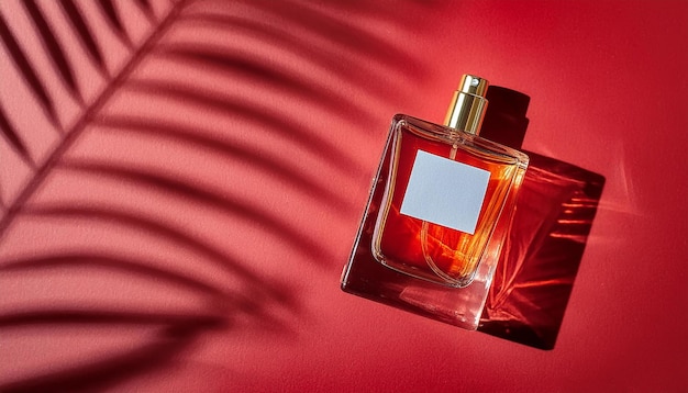 Image of Transparent Perfume Bottle with Label on Red Background