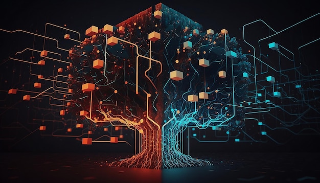 Image of a tree connectad network cyber data with dots and lines Generated AI