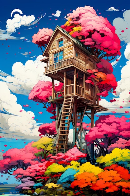 Image of tree house in the middle of field Generative AI