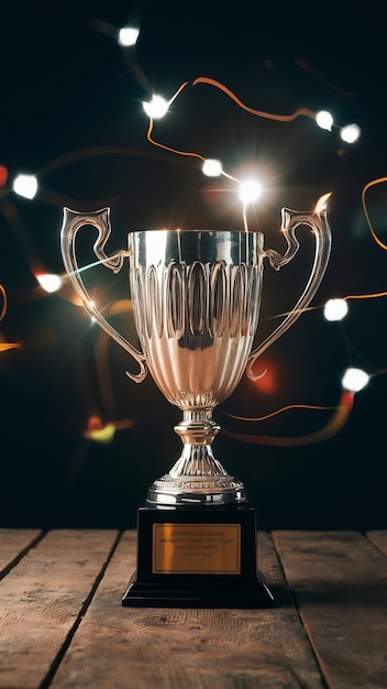 Image of trophy over wooden table and dark background with abstract shiny lights