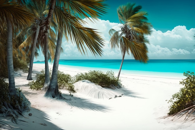 An image of tropical beach with palm trees Generative AI