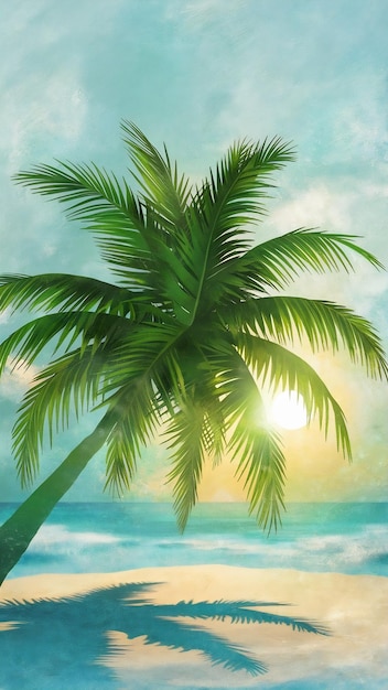 Image of tropical green palm over blue pastel background