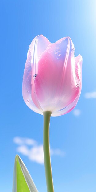 An image of a tulip with the sun shining behind it in the style of light skyblue and light pink