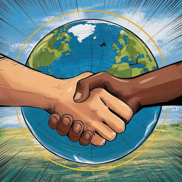 an image of two hands shaking with a globe in the background This can symbolize international coop