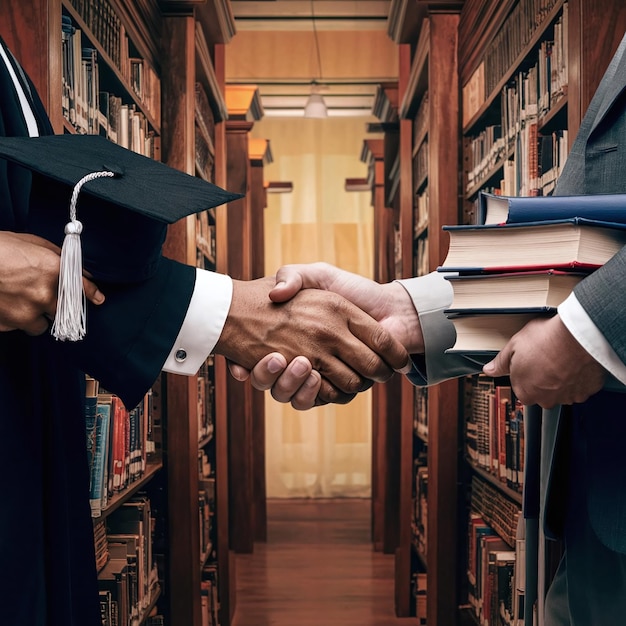 an image of two hands shaking with a stack of books or a graduation cap in the background symbolize