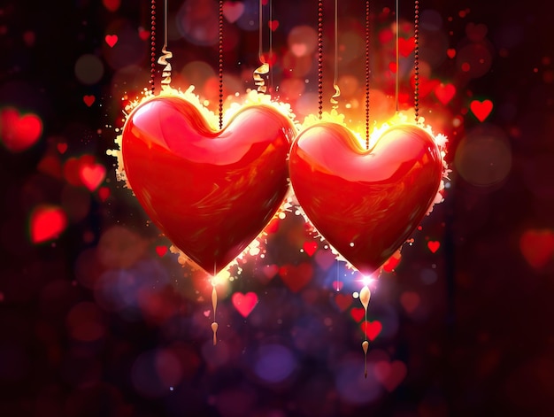 an image of two hearts with lights in a background in the style of mixes realistic and fantastical