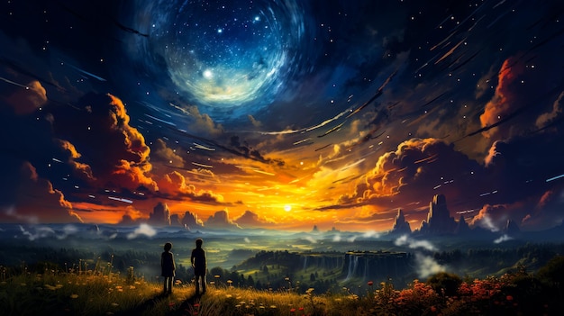 Image of two people standing on hill looking at the sky Generative AI