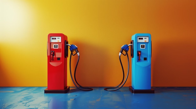 Image of two vintage gas pumps one red and one blue standing against a yellow background The ground has a blue concrete texture creating a colorful and retro atmosphere