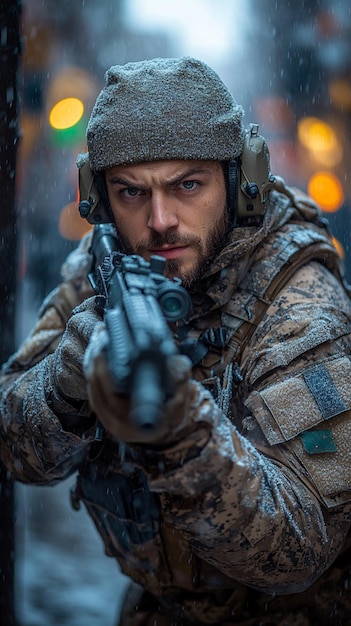 Photo image of an urban combat soldier in action