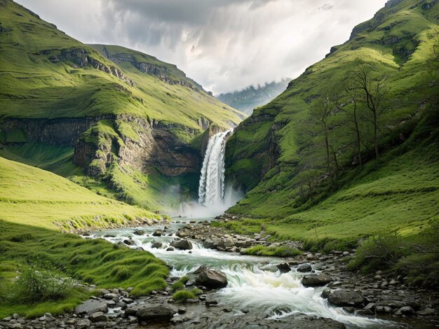 Image of a valley with a waterfall and trees around it