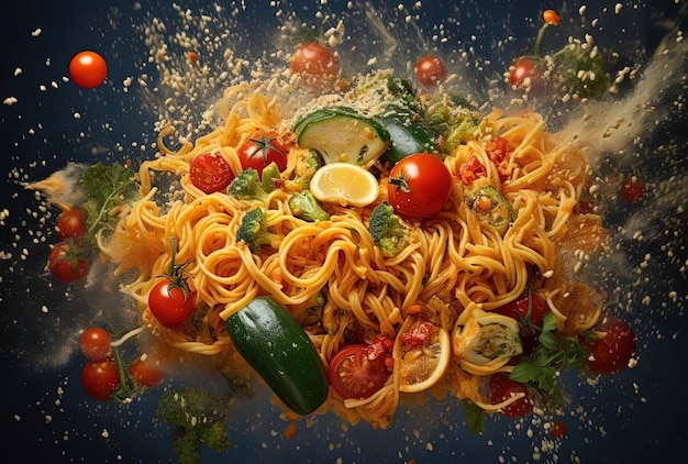 an image of vegetables and noodles exploding over top in the style of photorealistic compositions