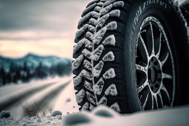 Image of a vehicle tire up close on a winter road trip