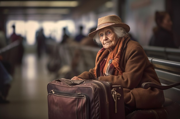 Image of very happy old woman at airport terminal