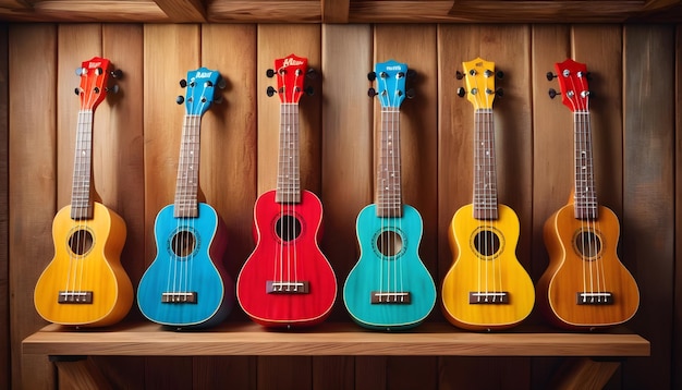 an image of a vibrant ukulele hanging on a rustic wooden wall in a cozy beachside cottage