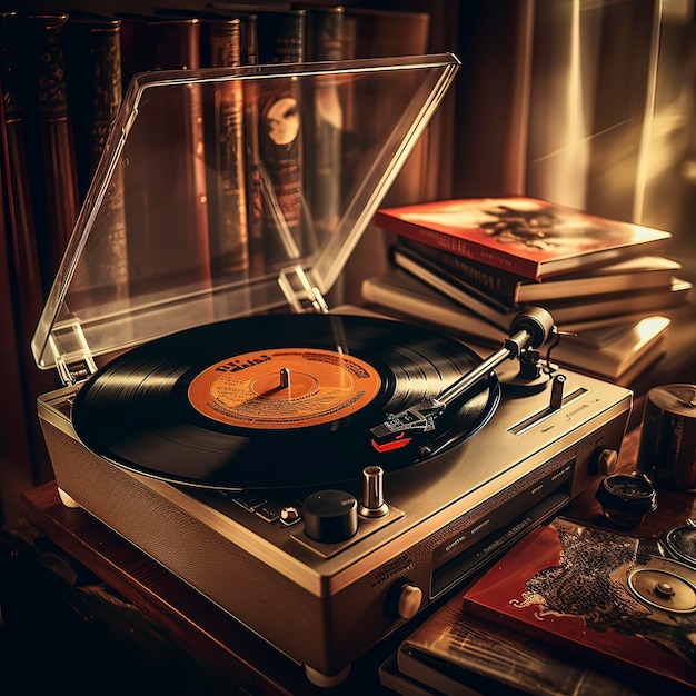 Image of a Vintage record player with vinyl records music Generative ai