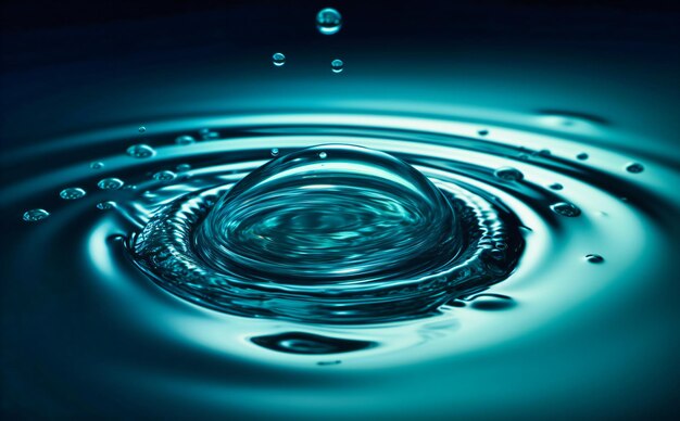 An image of water drop falling into the blue background