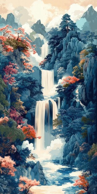 Photo an image of a waterfall with trees and rocks