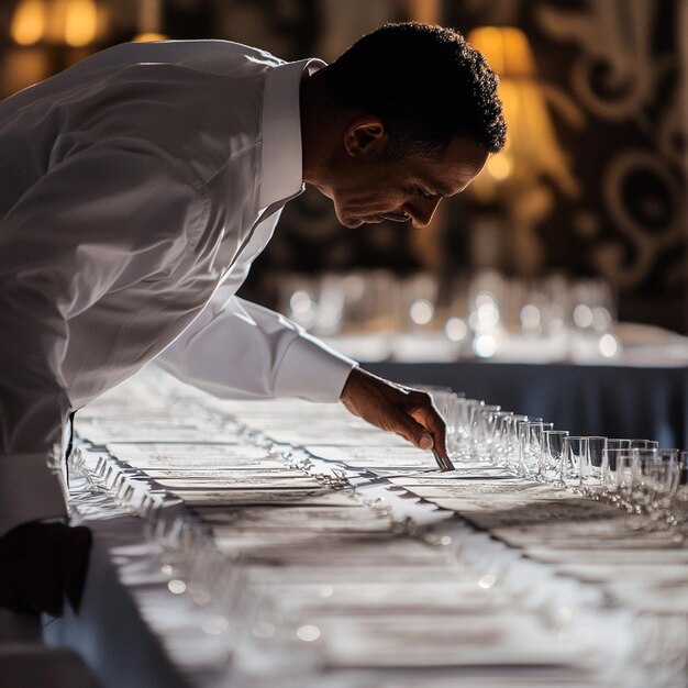 Photo image of a wedding planner arranging a detailed seating chart and place settings for the reception