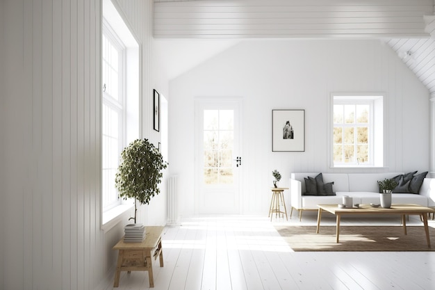 Image of a white barren Scandinavian room with a hardwood floor a sizable wall and white scenery in the windows Nordic interior design