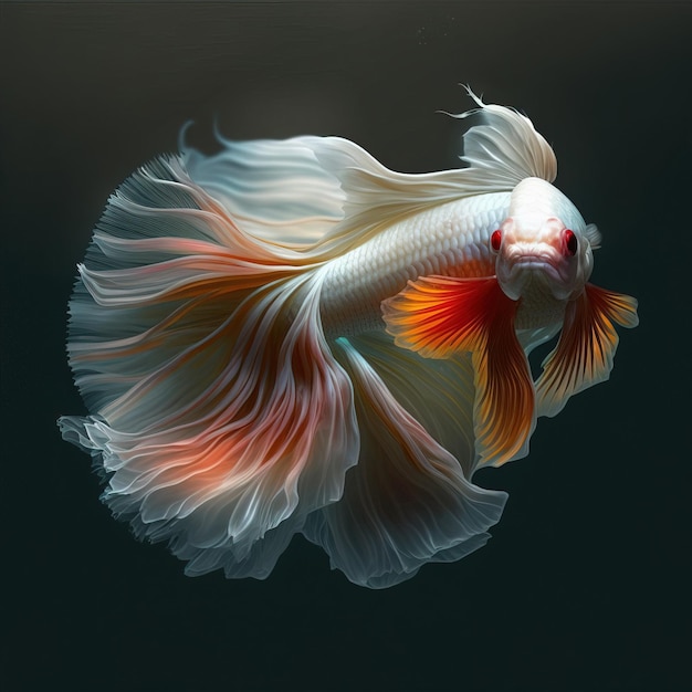 Image of white betta fish with long beautiful tails on a black background Pet illustration Generative AI