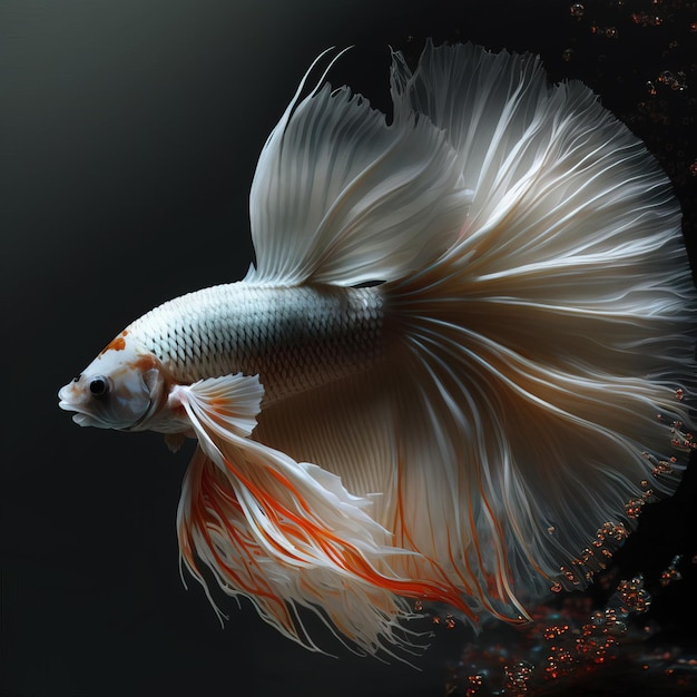 Image of white betta fish with long beautiful tails on a black background Pet illustration Generative AI