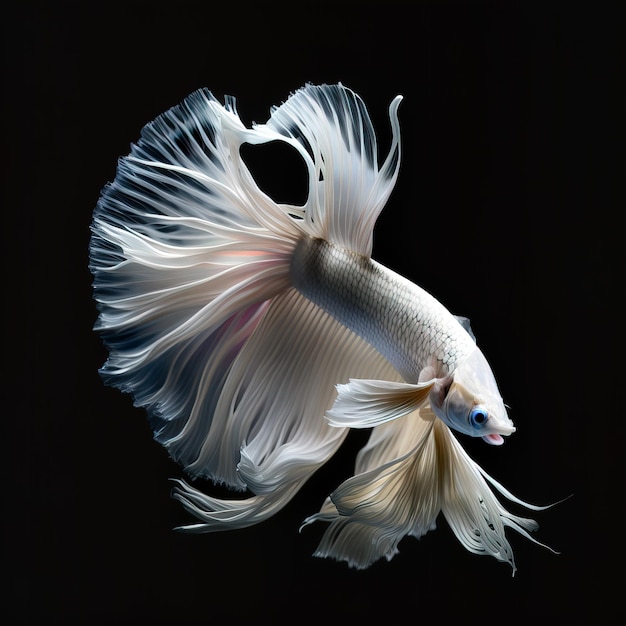 Image of white betta fish with long beautiful tails on a black background Pet illustration Generative AI