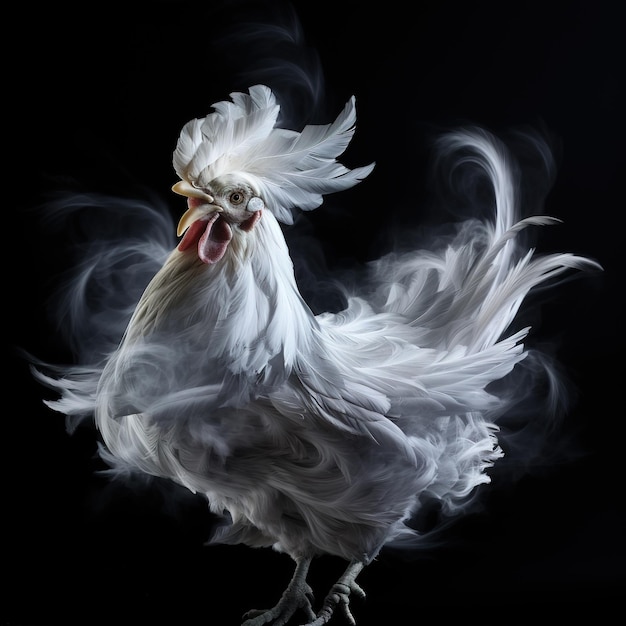 Image of white chicken with smoky on a black background Farm animals Illustration Generative AI