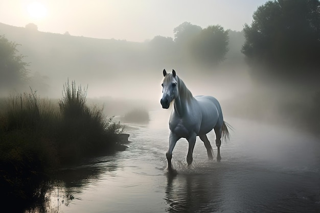 Image of white horse running on water in foggy morning time on natural background Wild Animals illustration Generative AI