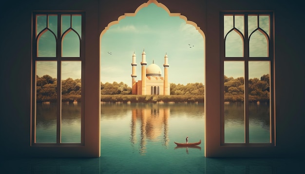 Image of a window with a view of a peaceful lake or river with a mosque on its banks to celebrate Eid alFitr Generative ai