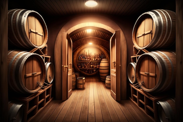 An image of wine cellar with wooden barrels Generative AI