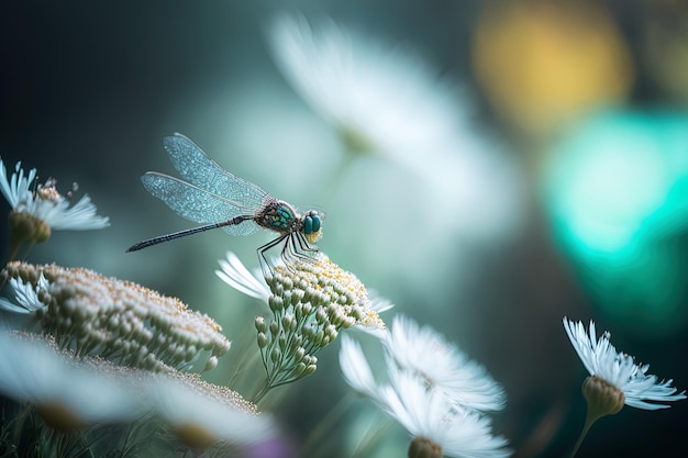 Image with a dragonfly in selective focus hovering on a flower