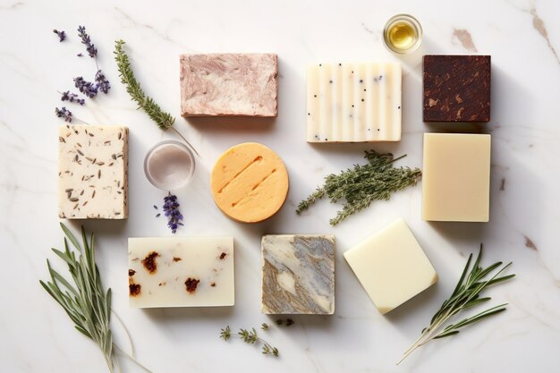 Image with a flat lay arrangement showcasing various natural soap bars containing ingredients such a