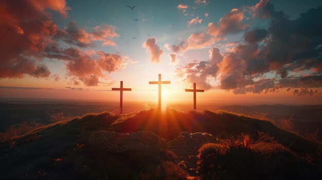 Image with three crosses on a hill at sunset for Easter feast Jesus Christ crucifixion concept