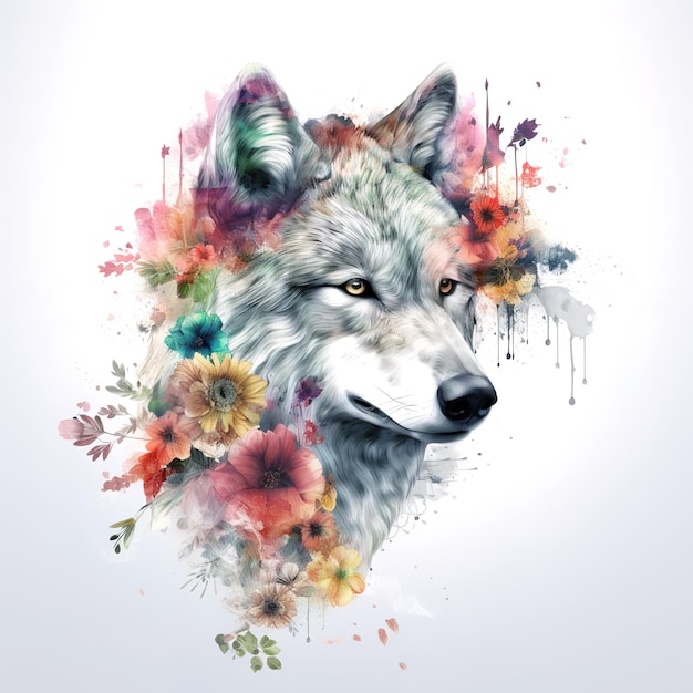 Image of a wolf face surrounded by colorful tropical flowers Wildlife animal Illustration Generative AI