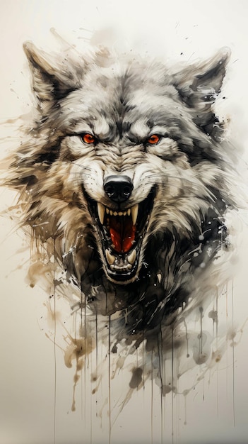 Image of wolf's face with red eyes Generative AI