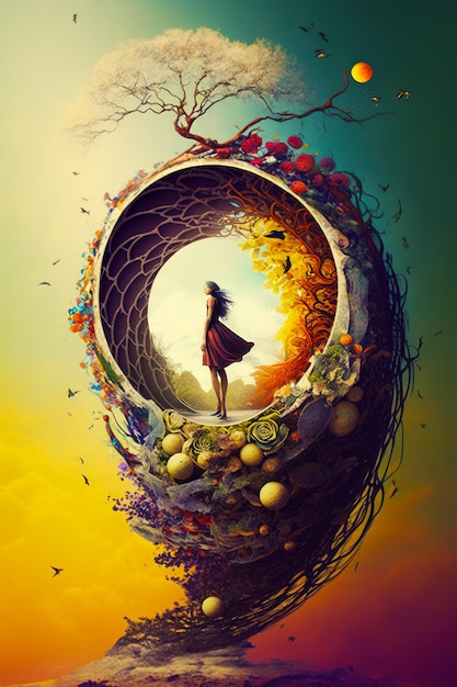 Image of woman in dress standing in circle of fruit and flowers Generative AI