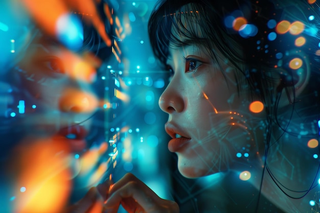 image of a woman gazing at glowing data on a glass surface blending futuristic technology with human curiosity The scene is illuminated by vibrant neon blue and orange lights